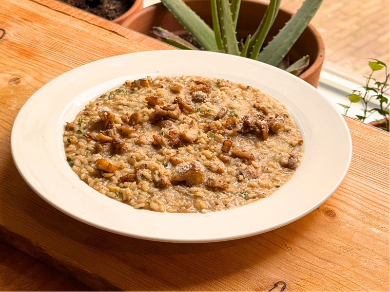 Bord romige risotto met oesterzwammen, gegarneerd met gebakken paddenstoelen en geraspte kaas, geserveerd op een houten tafel bij het raam met planten op de achtergrond