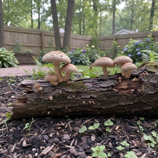 shiitake paddenstoelen groeiend uit boomstam